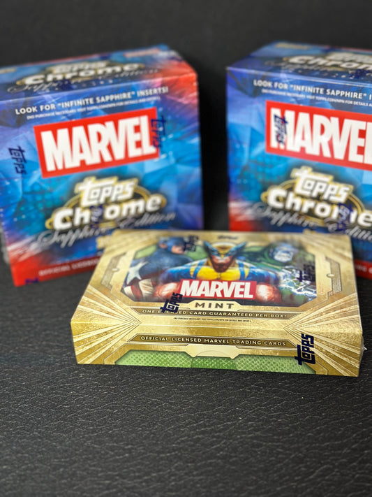TOPPS MARVEL 2025 - 1/19 SPOT RANDOM LETTER BREAK – 2× CHROME SAPPHIRE + 1× MARVEL MINT